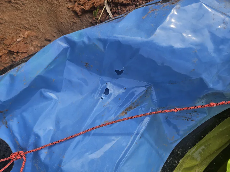 Packraft with 40 holes from leafcutter ants