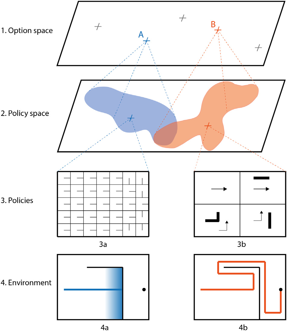 Option space and policy space in a navigation task